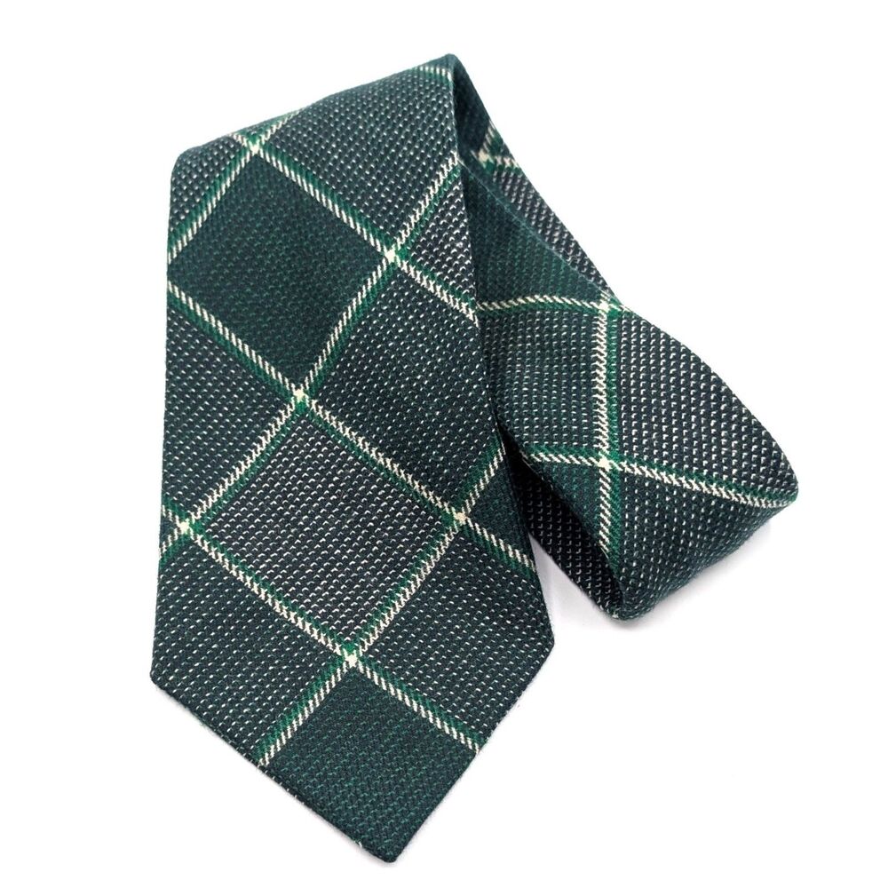 Amanas Woolen Mill 100% Wool Necktie Green/White Plaid Made in Iowa USA